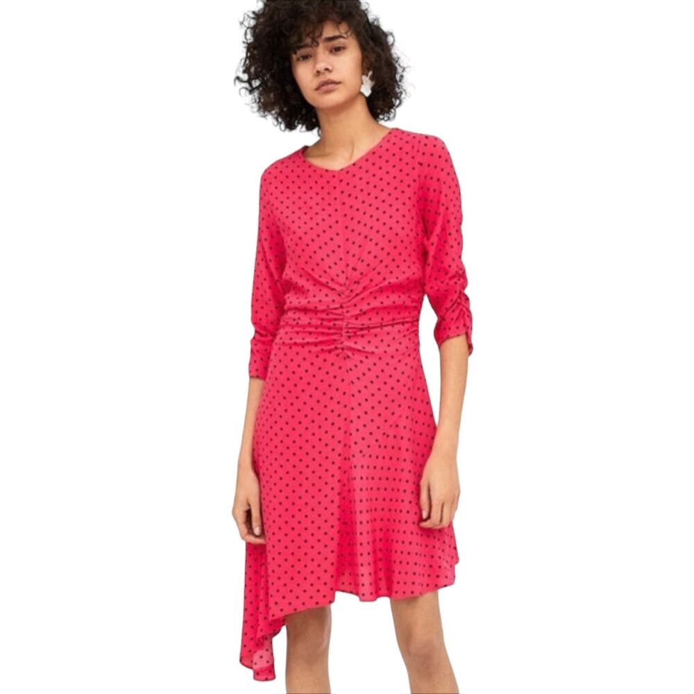 NWOT Zara Asymmetrical Hem Bright Pink Polka Dot Dress Size XS